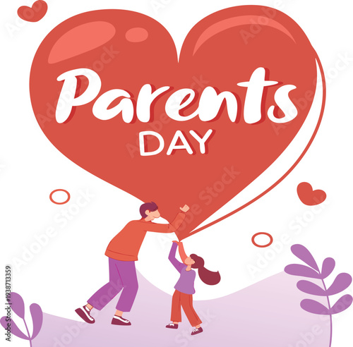 Modern 3D Parents Day Design with Bold Heart and Festive Elements.