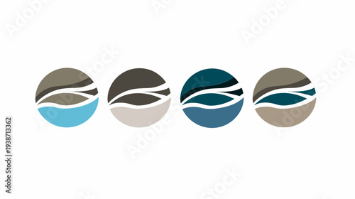 Four circular icons with layered, abstract designs in calming, earthy tones