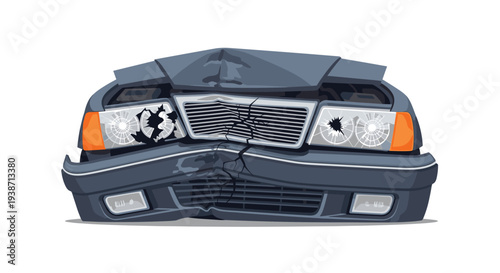 The front view of a severely damaged dark grey car features a crumpled hood, fractured grille, and shattered headlights.
