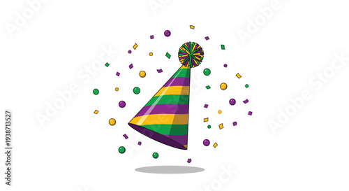 A striped purple, green, and gold conical party hat with a fluffy pom-pom is surrounded by scattered confetti and spherical beads.