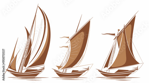 Three brown sailing ships, varying sail sizes, on a white background, vector illustration