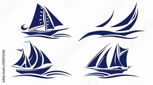Four blue sailboat silhouettes on white, some with waves; marine illustrations