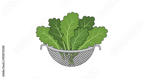 A silver metal mesh colander with two handles is abundantly filled with fresh, dark green, wide-leafed vegetables.