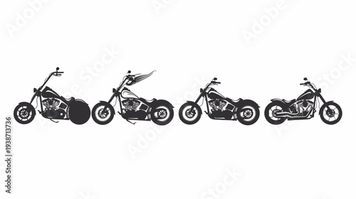 Silhouette row of four unique chopper motorcycles facing the right on a white backdrop