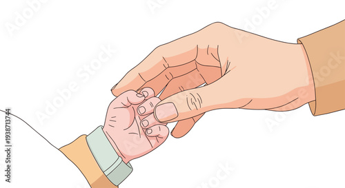 A close-up view shows a light-skinned adult hand delicately holding the tiny, curled fingers of a newborn baby's hand.