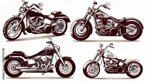 Four detailed sketch-style motorcycles in brown and white, isolated on a white backdrop