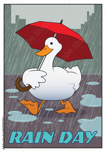 A cartoon duck walks in the rain.