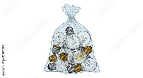 A transparent plastic bag, cinched at the top, is filled with a varied assortment of incandescent and modern LED light bulbs.