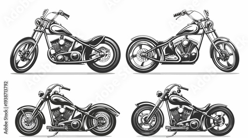 Four grayscale illustrations of classic chopper-style motorcycles on a white background
