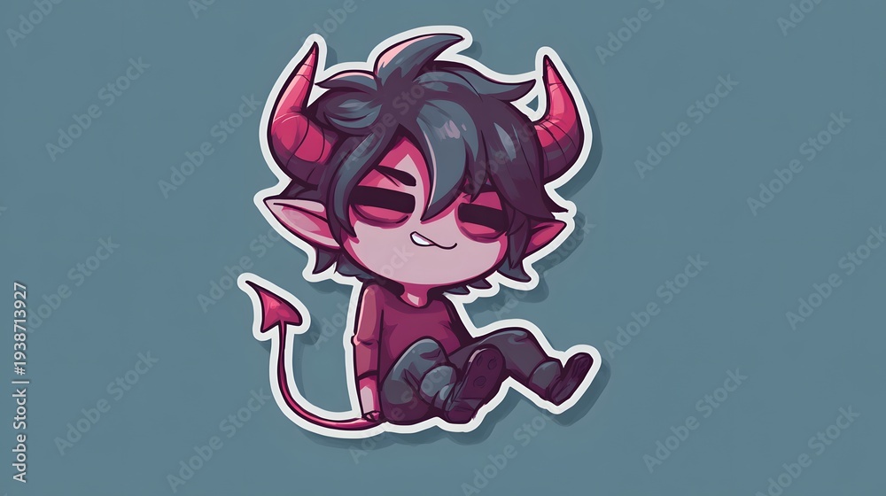 Fototapeta premium Cute Chibi Demon Character Sitting Down with Horns and Tail.