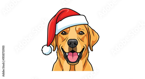 A cartoon golden retriever's head, wearing a red and white Santa hat, smiles with its mouth open on a plain white background.