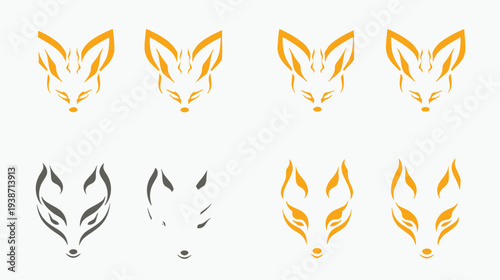 Eight stylized fox heads arranged in rows, some orange, some grayscale, minimalist design