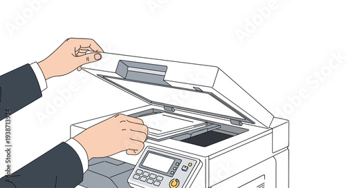 A person's hands, in a dark suit, lift the lid of a multifunction printer, revealing paper on the scanning bed against white.