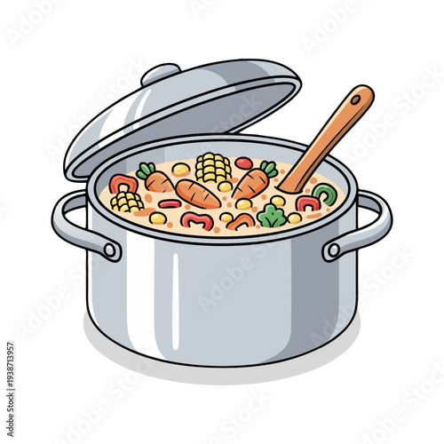 Hand Drawn Vegetable Soup Pot Illustration with Open Lid and Ladle