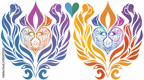 Symmetrical floral design of two halves, creating a whole. Detailed, multi-colored artwork