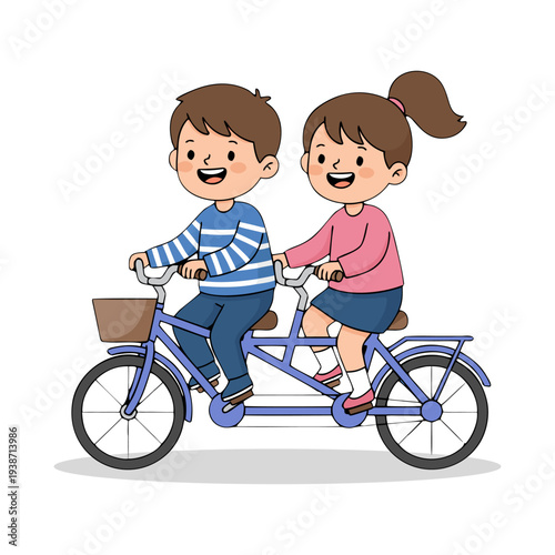 Smiling Children Riding a Tandem Bicycle Illustration on White Background