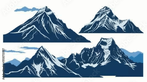 Abstract art of four stylized mountain ranges on a white background, blue highlights