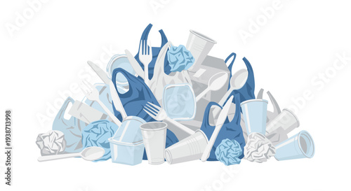 A dense mound of various plastic waste, including blue bags, white cups, forks, spoons, and crumpled sheets, on white.
