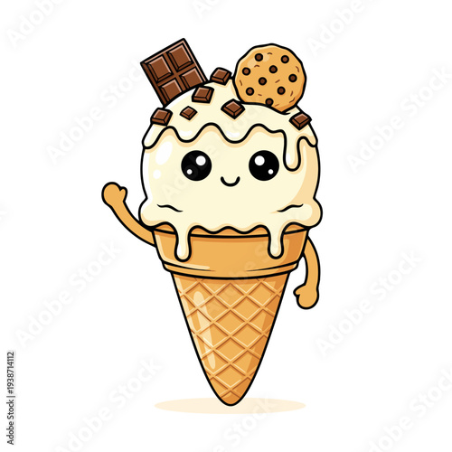 Playful Ice Cream Cone Character with Chocolate and Cookie Topping