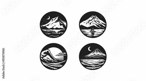 Four circular graphic nature scenes, including mountains, waves, moon, boat