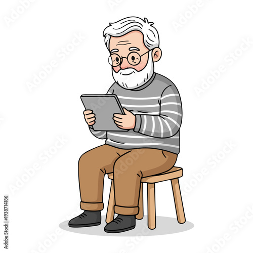 Illustration of Senior Man Using Tablet Device Sitting on Chair