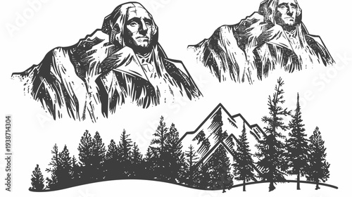 Two mountain faces and a forest illustration with monochrome line art style