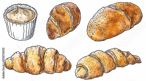 Watercolor illustration of assorted baked goods on a white background