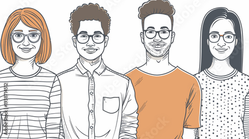 A line drawing of four smiling people wearing glasses and casual clothes, on a white background