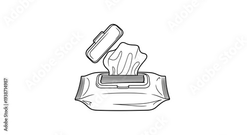 Wet Wipes Package Open with Lid and Tissue, Line Art Icon