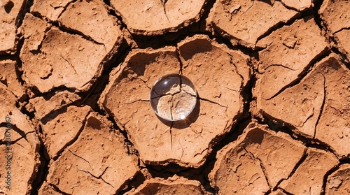 фотографія Macro shot of a single crystal-clear water droplet on cracked, dry earth symbolizing climate change and drought