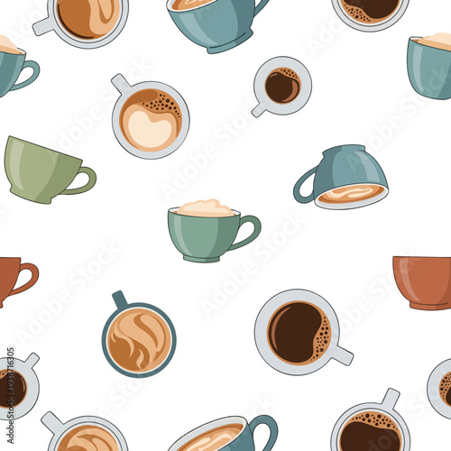 Colorful Coffee Cups and Beverages Pattern for Cafe and Hot Drink Themes