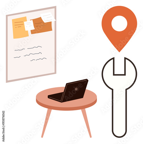 Business planning, productivity tools, location services, repair concepts, work environment, strategy. Laptop on a table, board with notes icons for location and tools. Business planning