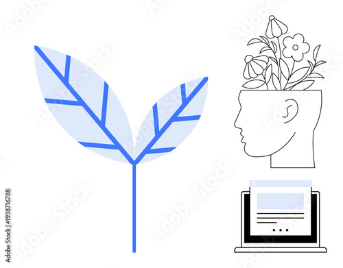 Leaf represents life, a head grows flowers symbolizing imagination, and a laptop screen suggests innovation. Ideal for sustainability, mindfulness, creativity, technology, learning, self-growth