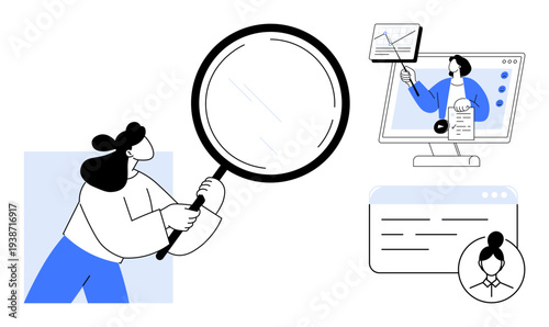 Data analysis concept. Data analysis by a magnifying glass, online learning visuals, and a virtual presentation interface. Data insights for business, education, and technology. Suitable for business