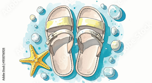 A refreshing summer-themed illustration featuring a pair of light-colored double-strap sandals placed on a blue watercolor splash, surrounded by a yellow starfish and smooth sea glass pebbles.