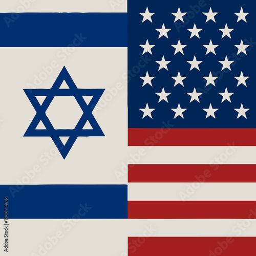 Israel and United States of America federal state Official Symbol Side by Side. National Flag Combination Image. Close Up Sign. Close-Up International Relations Concept Illustration