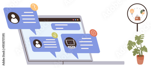 Online communication, customer support, e-commerce, digital technology, virtual assistance, chatbot systems. Speech bubbles displayed on a laptop screen with a plant and icons. Online communication