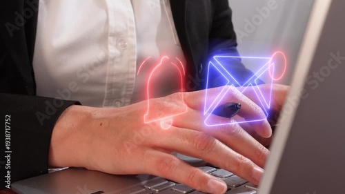Concept of receiving notification by mail. A woman is typing on a laptop with a virtual email icon and a notification bell.