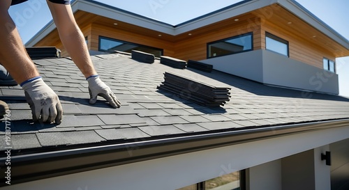 Craftsman replacing asphalt shingles on a residential house roof top
