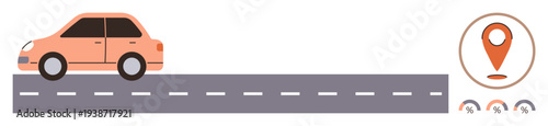 GPS tracking, travel monitoring, road safety, navigation, automotive services, commuting. Car driving on a road with a GPS location pin and speedometer icons. GPS tracking and travel monitoring