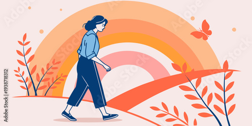 Modern female lifestyle illustration featuring a stylish woman walking. Ideal for fashion campaigns, women empowerment themes, lifestyle blogs, advertising, and trendy design projects.