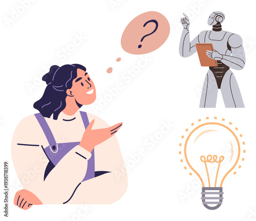 Artificial intelligence, innovation, problem-solving, futuristic learning, human-machine interaction, creative thinking. A woman pondering with a robot and lightbulb. Artificial intelligence