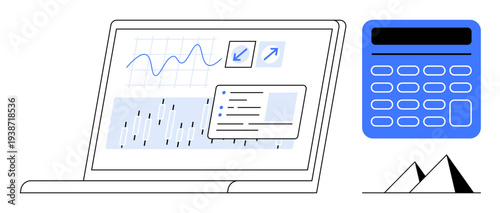 Data analytics, financial planning, business research, budgeting, forecasting, statistical analysis. Laptop screen with graphs, calculator and geometric shapes. Data analytics and financial planning