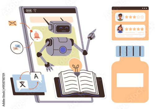 Artificial intelligence, automation, online learning, translation, data analysis, customer feedback. Robot interacting with books, screens and icons. AI and automation concept