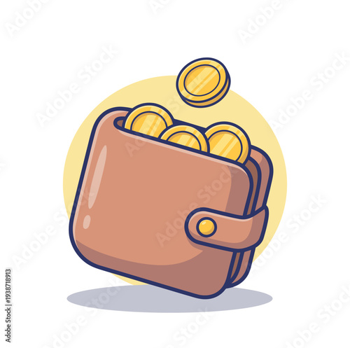 Brown leather wallet receives falling gold coins illustration representing financial savings or income.