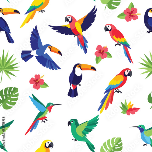 Vibrant Tropical Birds and Floral Pattern