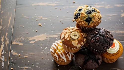Varied flavor muffins piled on rustic wooden background, bakery concept