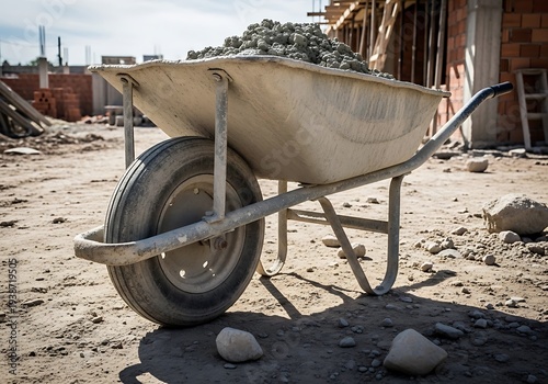 Wheelbarrow filled with wet cement on a construction site