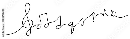 Continuous line vector illustration of music notes isolated on transparent background. Minimalist one line drawing concept of music, sound, melody and creative design