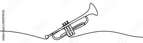 Continuous line vector illustration of a trumpet isolated on transparent background. Minimalist one line drawing of a brass musical instrument, concept of jazz, music and performance